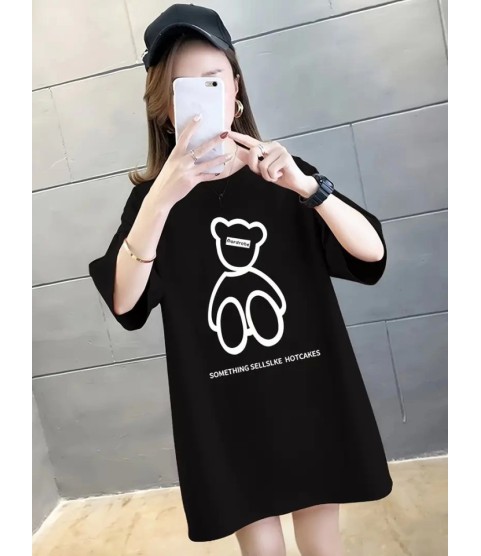 Baskılı Oversize Bisiklet Yaka T-shirt - Siyah