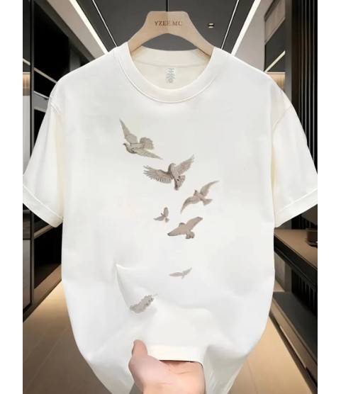 Baskılı Oversize Bisiklet Yaka T-shirt - Beyaz