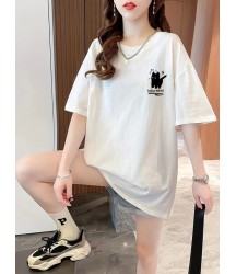 Baskılı Oversize Bisiklet Yaka T-shirt - Beyaz