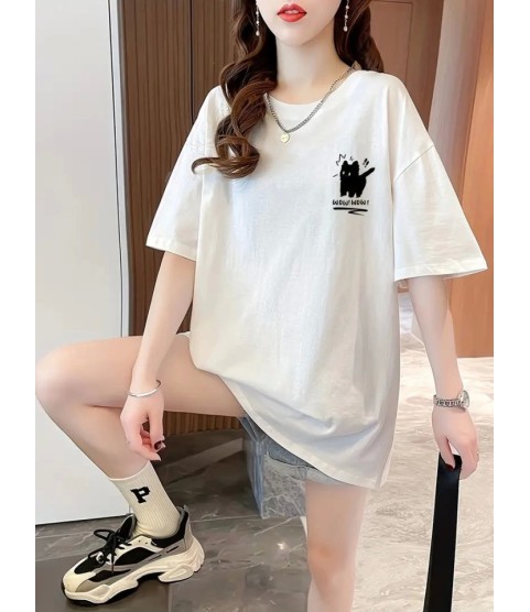 Baskılı Oversize Bisiklet Yaka T-shirt - Beyaz