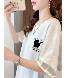 Baskılı Oversize Bisiklet Yaka T-shirt - Beyaz