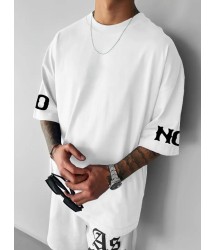 Baskılı Oversize Bisiklet Yaka T-shirt - Beyaz