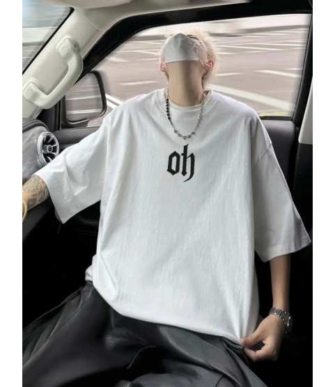 Baskılı Oversize Bisiklet Yaka T-shirt - Beyaz