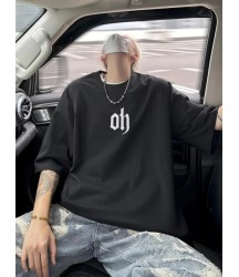 Baskılı Oversize Bisiklet Yaka T-shirt - Siyah