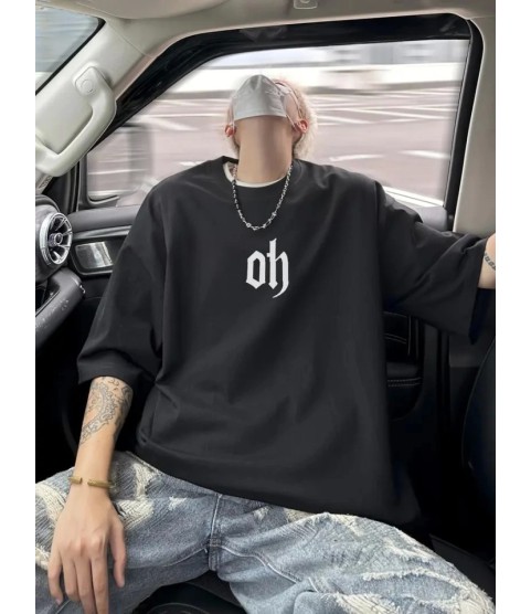 Baskılı Oversize Bisiklet Yaka T-shirt - Siyah
