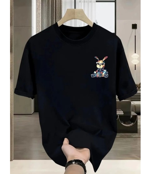 Baskılı Oversize Bisiklet Yaka T-shirt - Siyah
