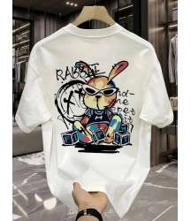 Baskılı Oversize Bisiklet Yaka T-shirt - Beyaz