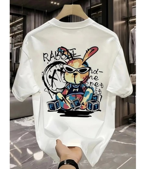 Baskılı Oversize Bisiklet Yaka T-shirt - Beyaz