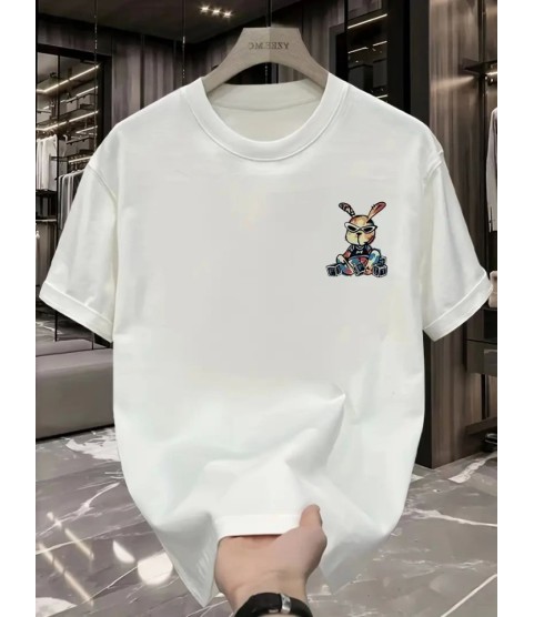 Baskılı Oversize Bisiklet Yaka T-shirt - Beyaz