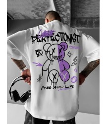 Baskılı Oversize Bisiklet Yaka T-shirt - Beyaz