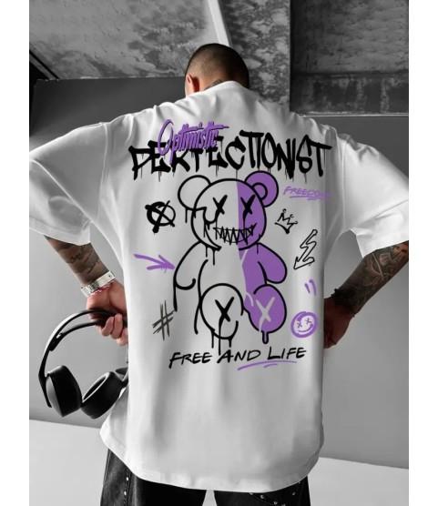 Baskılı Oversize Bisiklet Yaka T-shirt - Beyaz