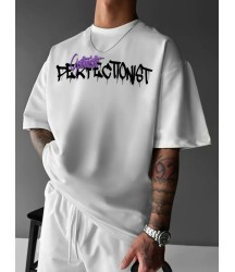 Baskılı Oversize Bisiklet Yaka T-shirt - Beyaz