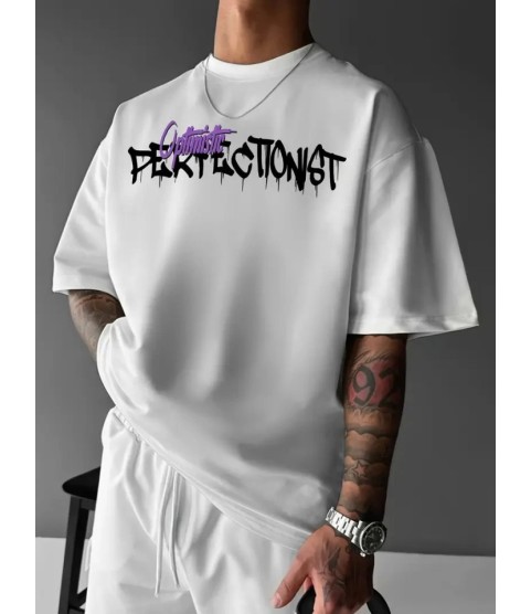 Baskılı Oversize Bisiklet Yaka T-shirt - Beyaz