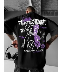 Baskılı Oversize Bisiklet Yaka T-shirt - Siyah