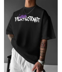 Baskılı Oversize Bisiklet Yaka T-shirt - Siyah