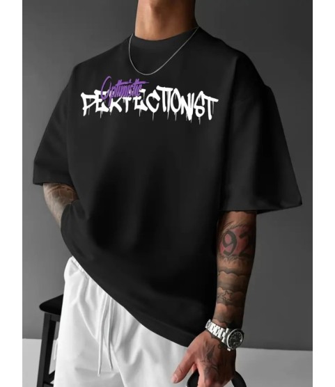 Baskılı Oversize Bisiklet Yaka T-shirt - Siyah