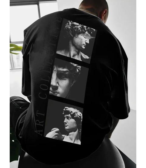 Baskılı Oversize Bisiklet Yaka T-shirt - Siyah