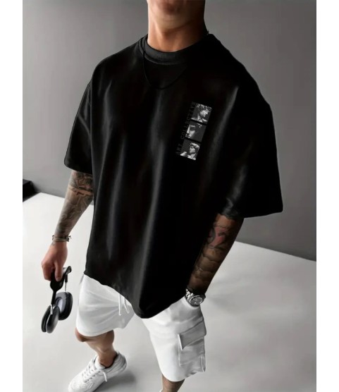 Baskılı Oversize Bisiklet Yaka T-shirt - Siyah