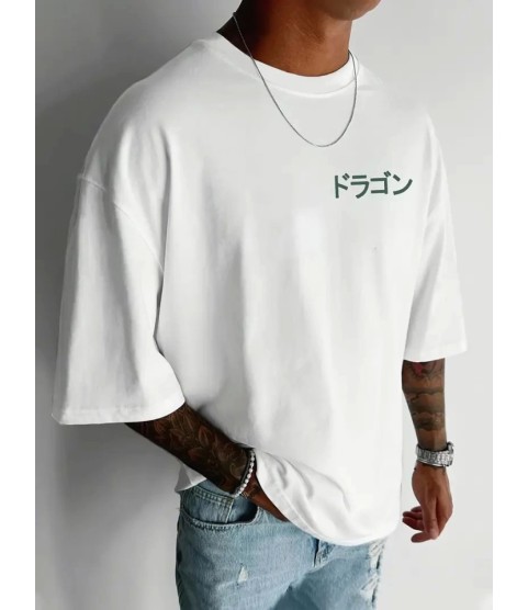 Baskılı Oversize Bisiklet Yaka T-shirt - Beyaz