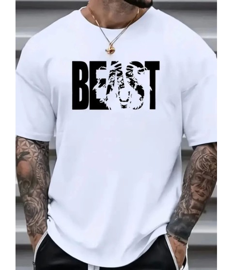 Baskılı Oversize Bisiklet Yaka T-shirt - Beyaz