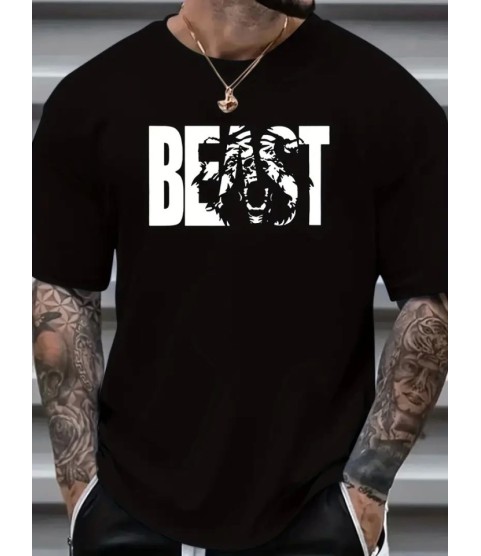 Baskılı Oversize Bisiklet Yaka T-shirt - Siyah
