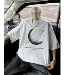 Baskılı Oversize Bisiklet Yaka T-shirt - Beyaz