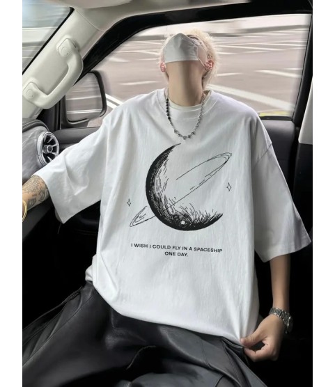 Baskılı Oversize Bisiklet Yaka T-shirt - Beyaz