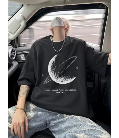 Baskılı Oversize Bisiklet Yaka T-shirt - Siyah