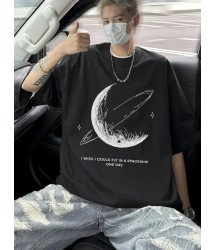 Baskılı Oversize Bisiklet Yaka T-shirt - Siyah