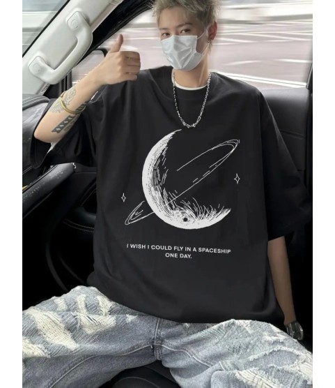 Baskılı Oversize Bisiklet Yaka T-shirt - Siyah