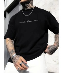 Baskılı Oversize Bisiklet Yaka T-shirt - Siyah