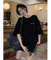 Baskılı Oversize Bisiklet Yaka T-shirt - Siyah