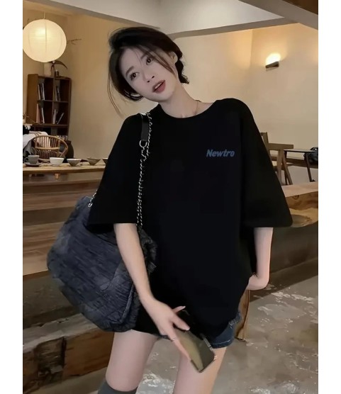 Baskılı Oversize Bisiklet Yaka T-shirt - Siyah
