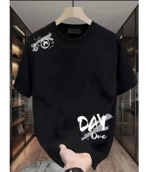 Baskılı Oversize Bisiklet Yaka T-shirt - Siyah