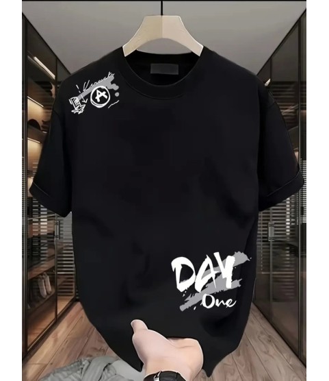 Baskılı Oversize Bisiklet Yaka T-shirt - Siyah