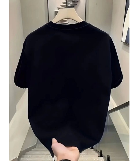 Baskılı Oversize Bisiklet Yaka T-shirt - Siyah