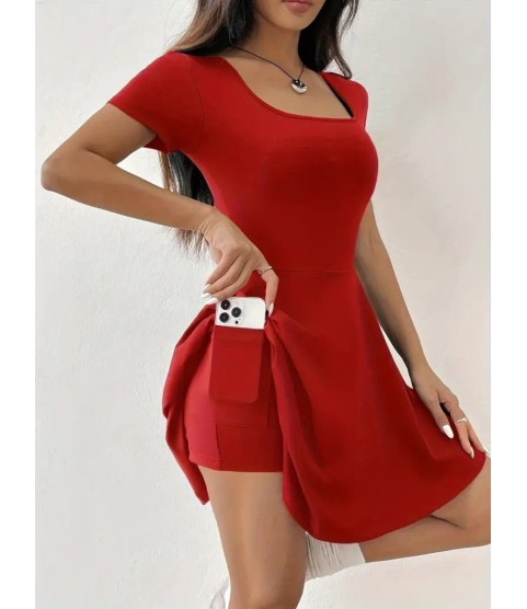 Kadın Kısa Kollu Kare Yaka Short Detaylı Cepli Dalgıç Elbise Kadın Kısa Kollu Kare Yaka Short Detaylı Cepli Dalgıç Elbise