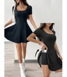 Kadın Kısa Kollu Kare Yaka Short Detaylı Cepli Dalgıç Elbise