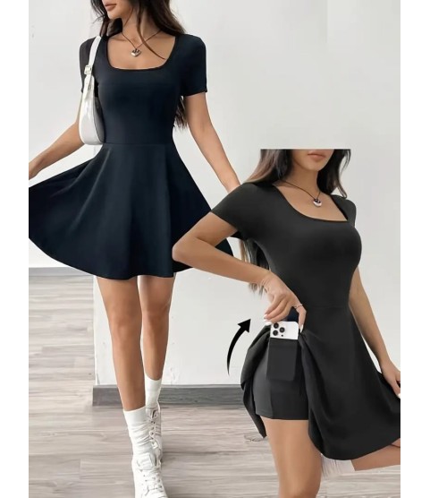Kadın Kısa Kollu Kare Yaka Short Detaylı Cepli Dalgıç Elbise