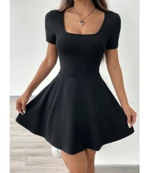 Kadın Kısa Kollu Kare Yaka Short Detaylı Cepli Dalgıç Elbise