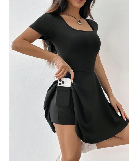 Kadın Kısa Kollu Kare Yaka Short Detaylı Cepli Dalgıç Elbise