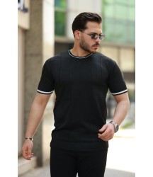 Erkek Bisiklet Yaka çizgi Desenli Ribanalı Kısa Kollu Tshirt