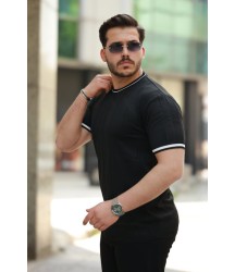 Erkek Bisiklet Yaka çizgi Desenli Ribanalı Kısa Kollu Tshirt