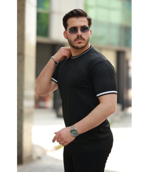 Erkek Bisiklet Yaka çizgi Desenli Ribanalı Kısa Kollu Tshirt