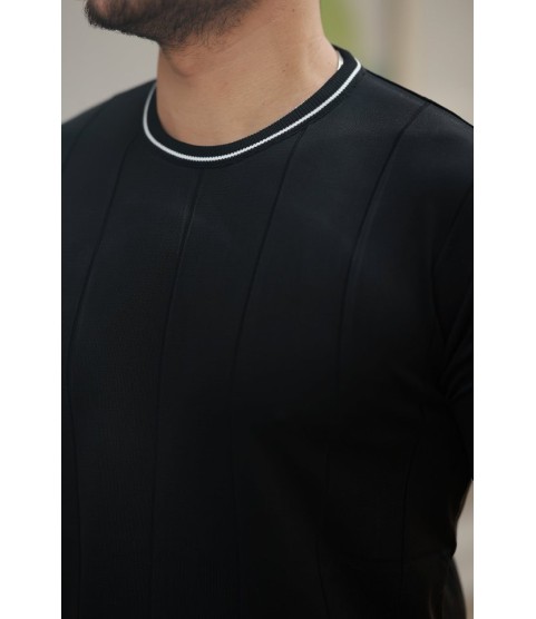 Erkek Bisiklet Yaka çizgi Desenli Ribanalı Kısa Kollu Tshirt