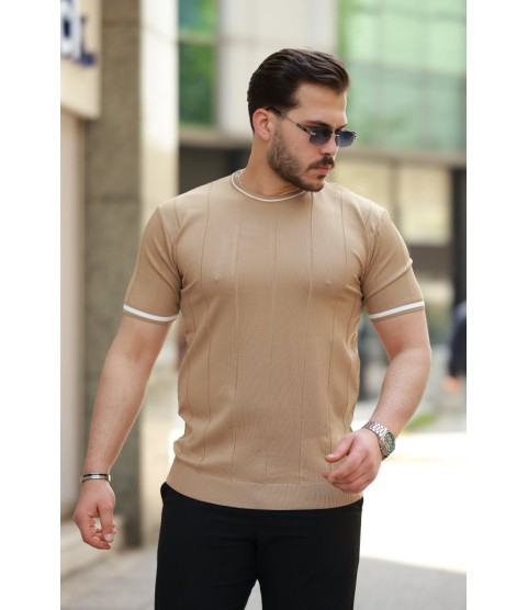 Erkek Bisiklet Yaka çizgi Desenli Ribanalı Kısa Kollu Tshirt