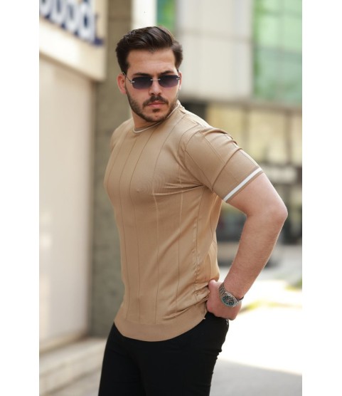 Erkek Bisiklet Yaka çizgi Desenli Ribanalı Kısa Kollu Tshirt