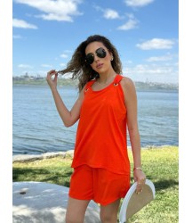 Kadın Kolsuz V Yaka Kuş Gözü Detay Bluz Short Aerobin Ikili Takım