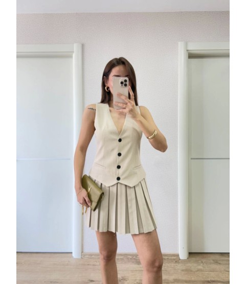 Takım Görünümlu Yelekli Mini Elbise- Bej