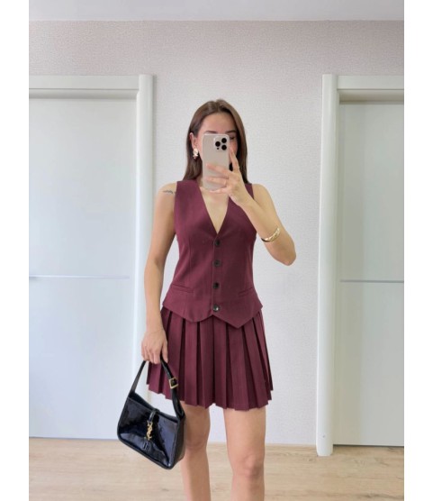 Takım Görünümlu Yelekli Mini Elbise- Bordo